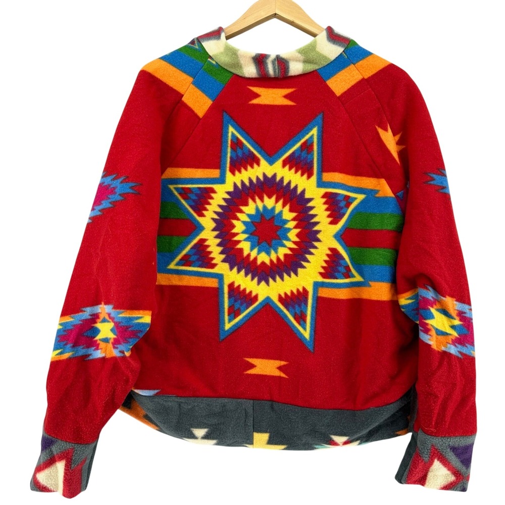 Handmade Aztec Southwestern Fleece Cardigan Jacket Red Star Pattern Y2K Boho